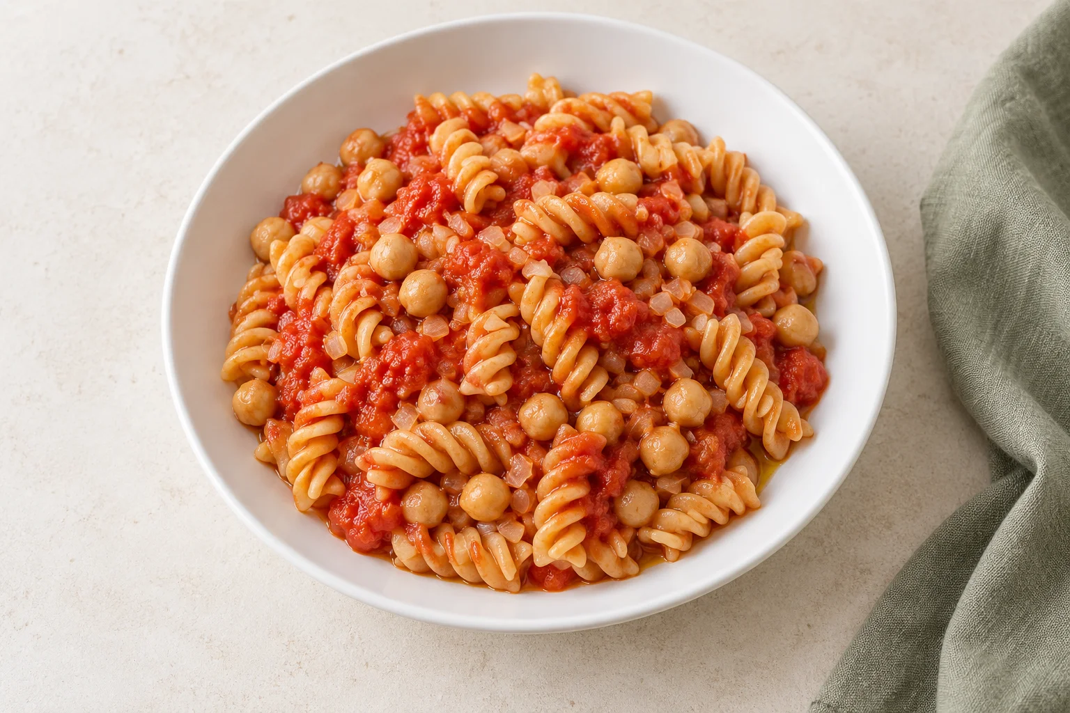 Illustration of a plate of spiral pasta with chickpeas and tomato sauce.