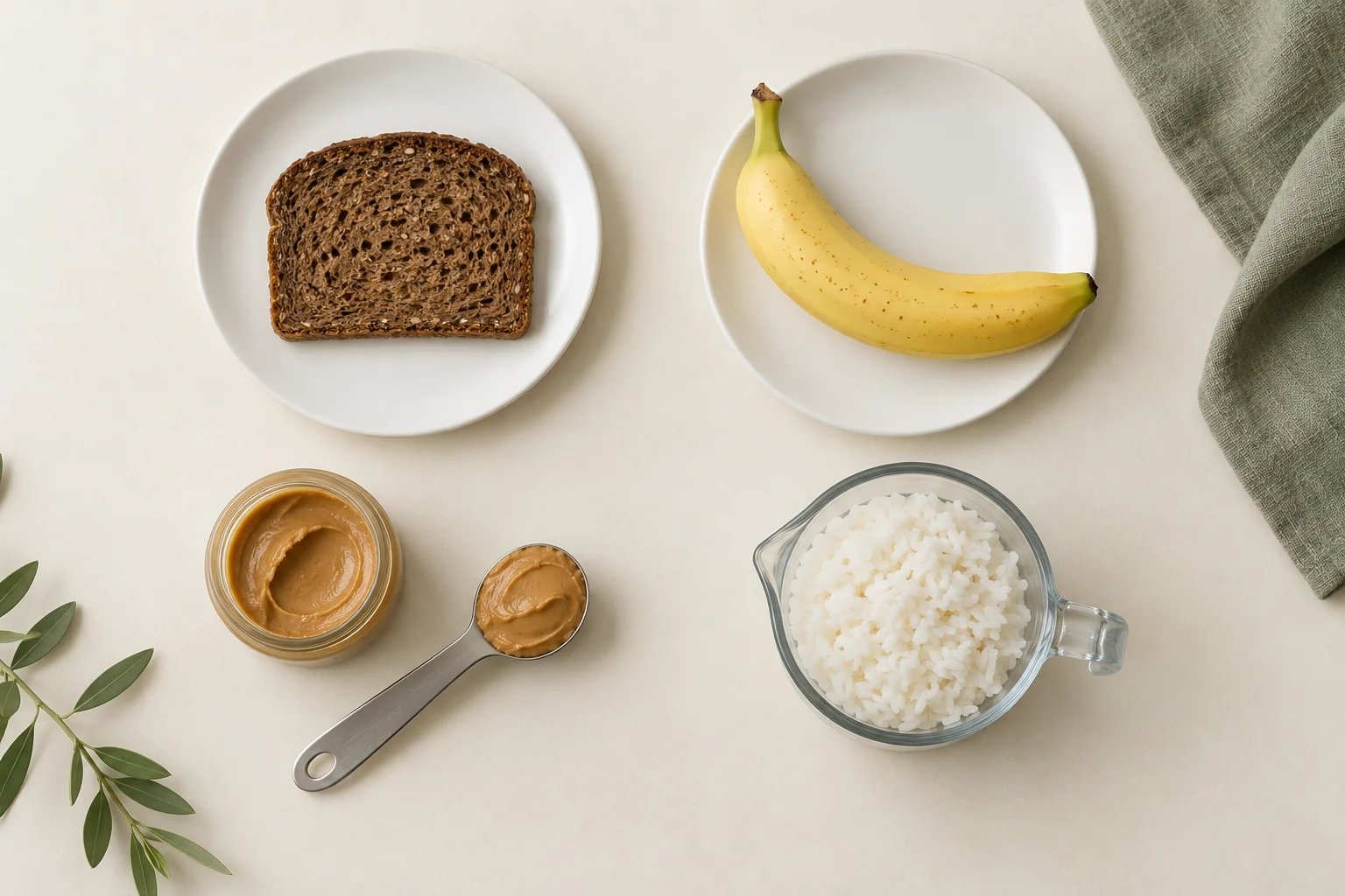Illustration of a bread slice, banana, spoon of peanut butter and cup of rice