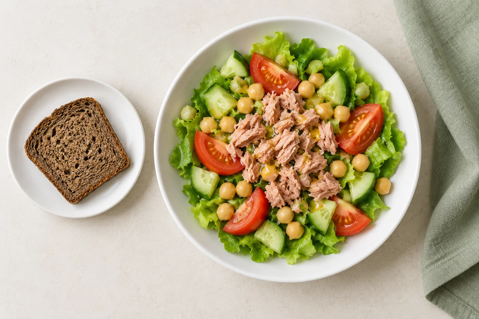 Illustration of tuna and chickpea salad with lettuce, cucumber and tomato, served with a slice of bread.