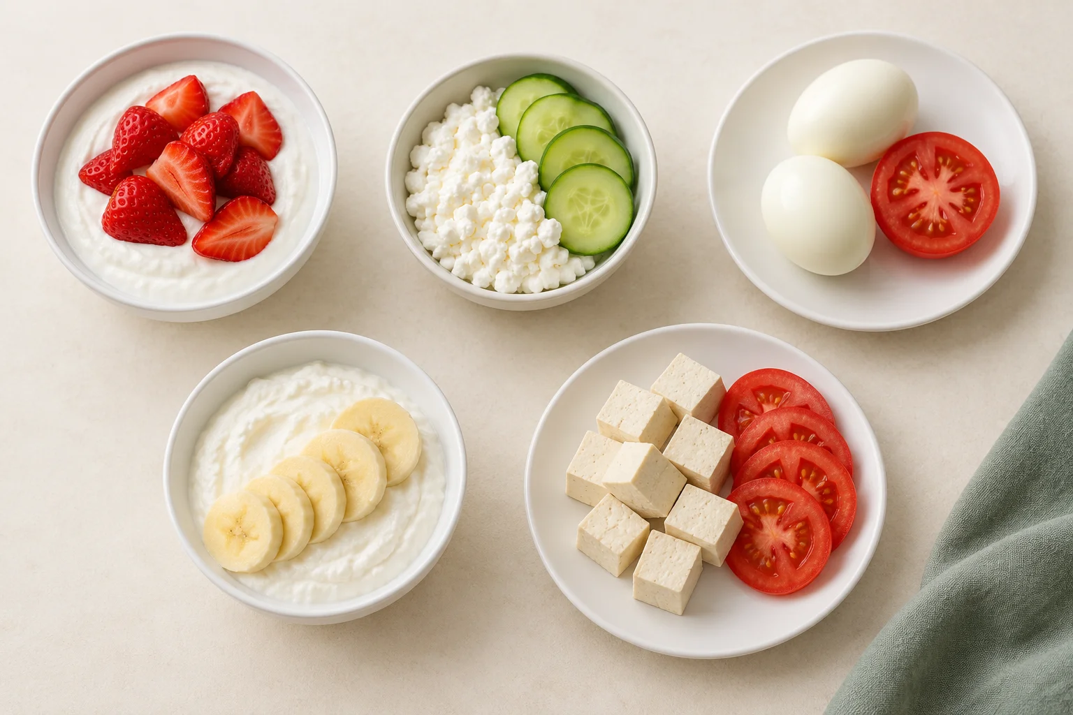 Illustration of five snacks: skyr, cottage cheese, eggs, quark and tofu with their accompaniments