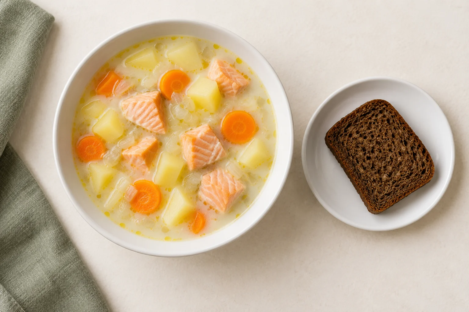 Illustration of a bowl of salmon soup with potatoes and carrots, served with a slice of rye bread.